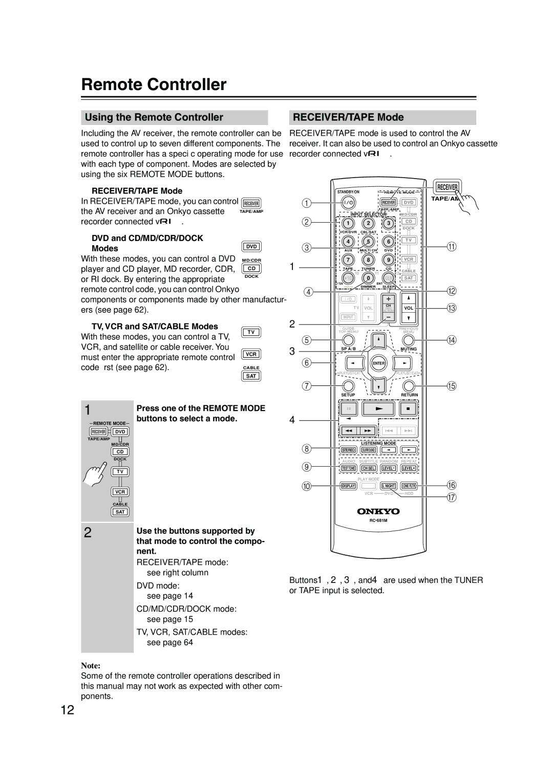 Onkyo TX-SR8550, SR575, TX-SR505E instruction manual Using the Remote Controller, RECEIVER/TAPE Mode 