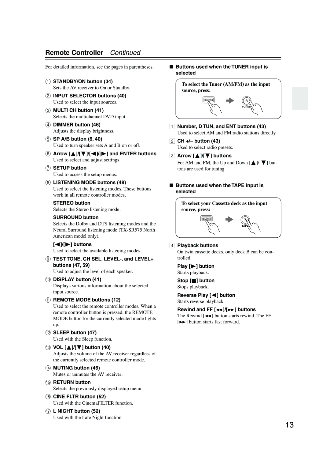 Onkyo SR575, TX-SR8550, TX-SR505E instruction manual Remote Controller 