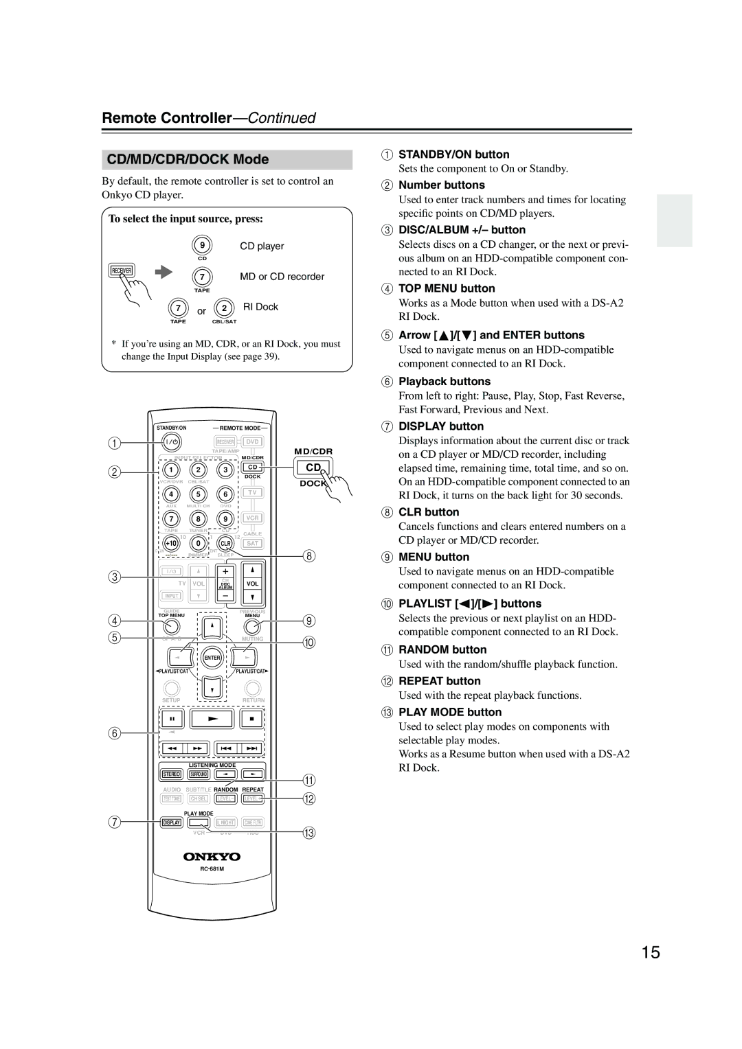 Onkyo TX-SR505E CD/MD/CDR/DOCK Mode, To select the input source, press, DISC/ALBUM +/- button, Arrow / and Enter buttons 