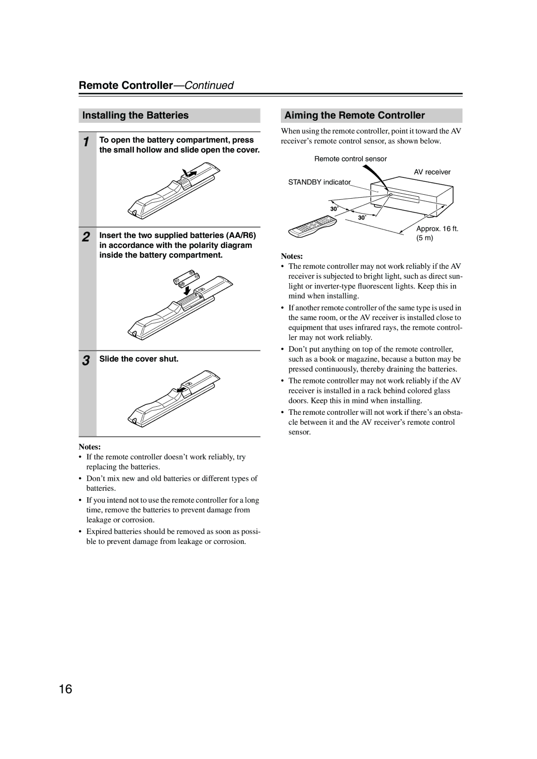 Onkyo TX-SR8550, SR575, TX-SR505E instruction manual Installing the Batteries, Aiming the Remote Controller 