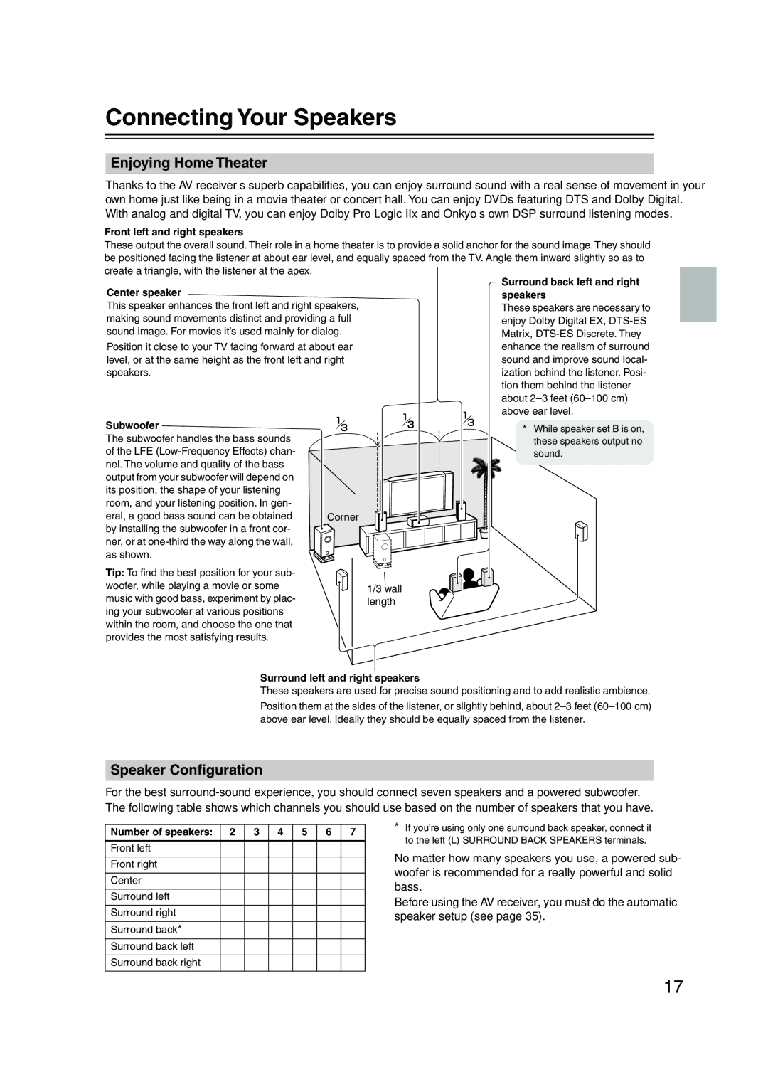 Onkyo SR575, TX-SR8550, TX-SR505E instruction manual Connecting Your Speakers, Enjoying Home Theater, Speaker Conﬁguration 