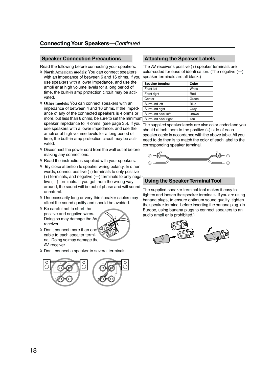 Onkyo TX-SR505, TX-SR8550, SR575 Connecting Your Speakers, Speaker Connection Precautions, Attaching the Speaker Labels 