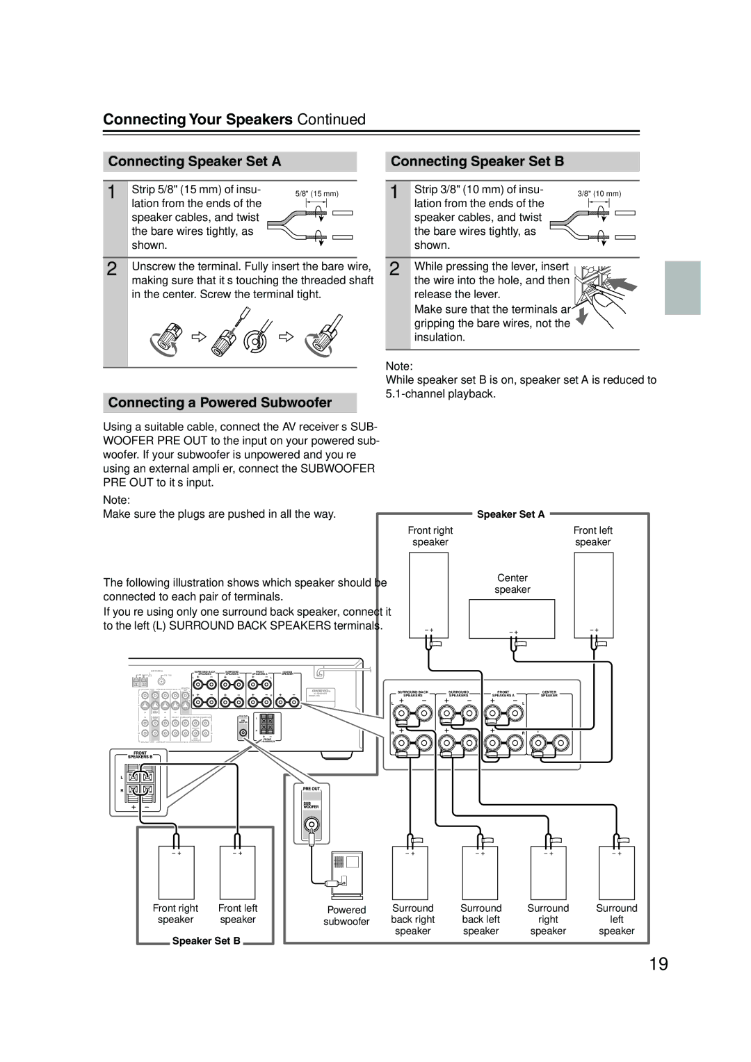 Onkyo TX-SR505E Connecting Speaker Set a Connecting Speaker Set B, Connecting a Powered Subwoofer, Strip 5/8 15 mm of insu 