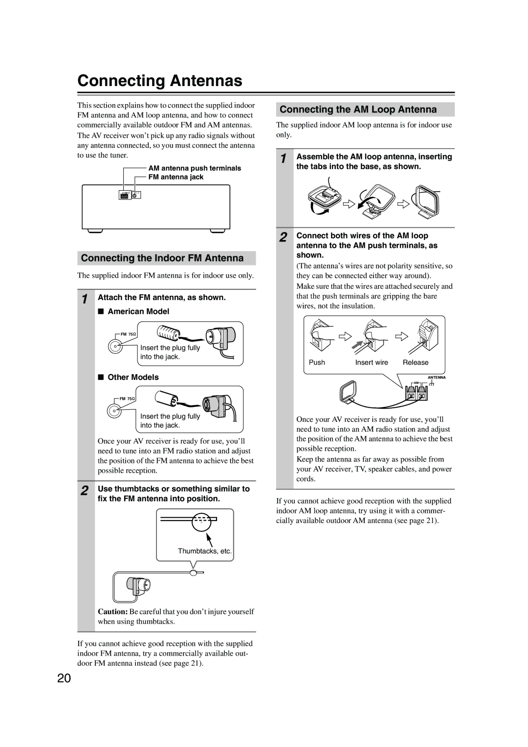 Onkyo TX-SR8550, SR575 Connecting Antennas, Connecting the AM Loop Antenna, Connecting the Indoor FM Antenna, Other Models 