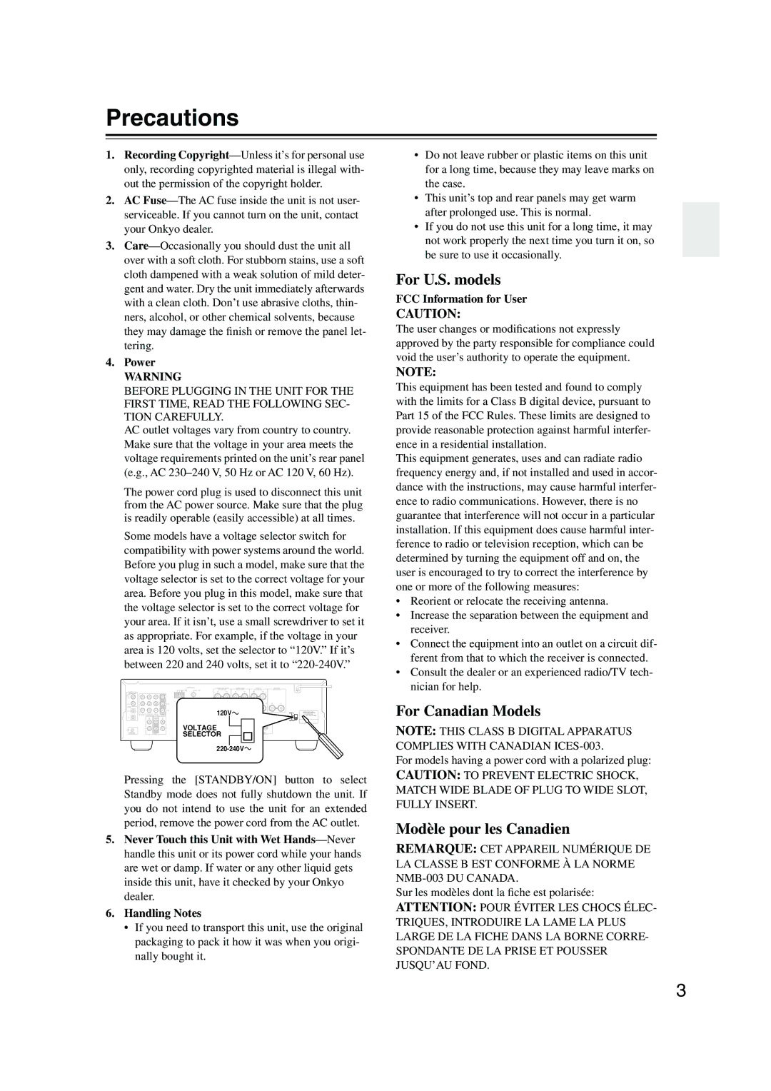 Onkyo TX-SR505E, SR575 Precautions, Power, FCC Information for User, For models having a power cord with a polarized plug 