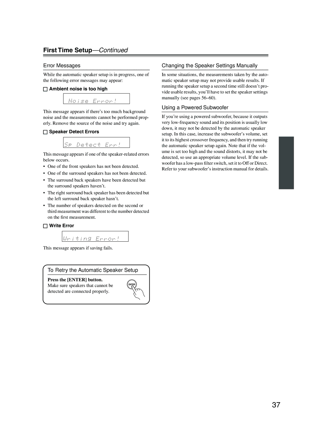 Onkyo SR575, TX-SR8550 Error Messages, To Retry the Automatic Speaker Setup, Changing the Speaker Settings Manually 