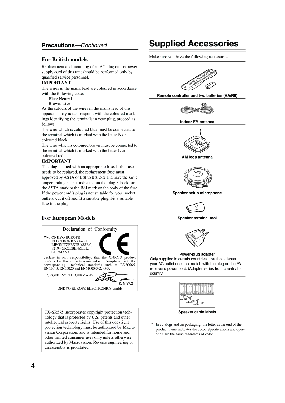 Onkyo TX-SR8550 Supplied Accessories, Precautions, Make sure you have the following accessories, Speaker cable labels 