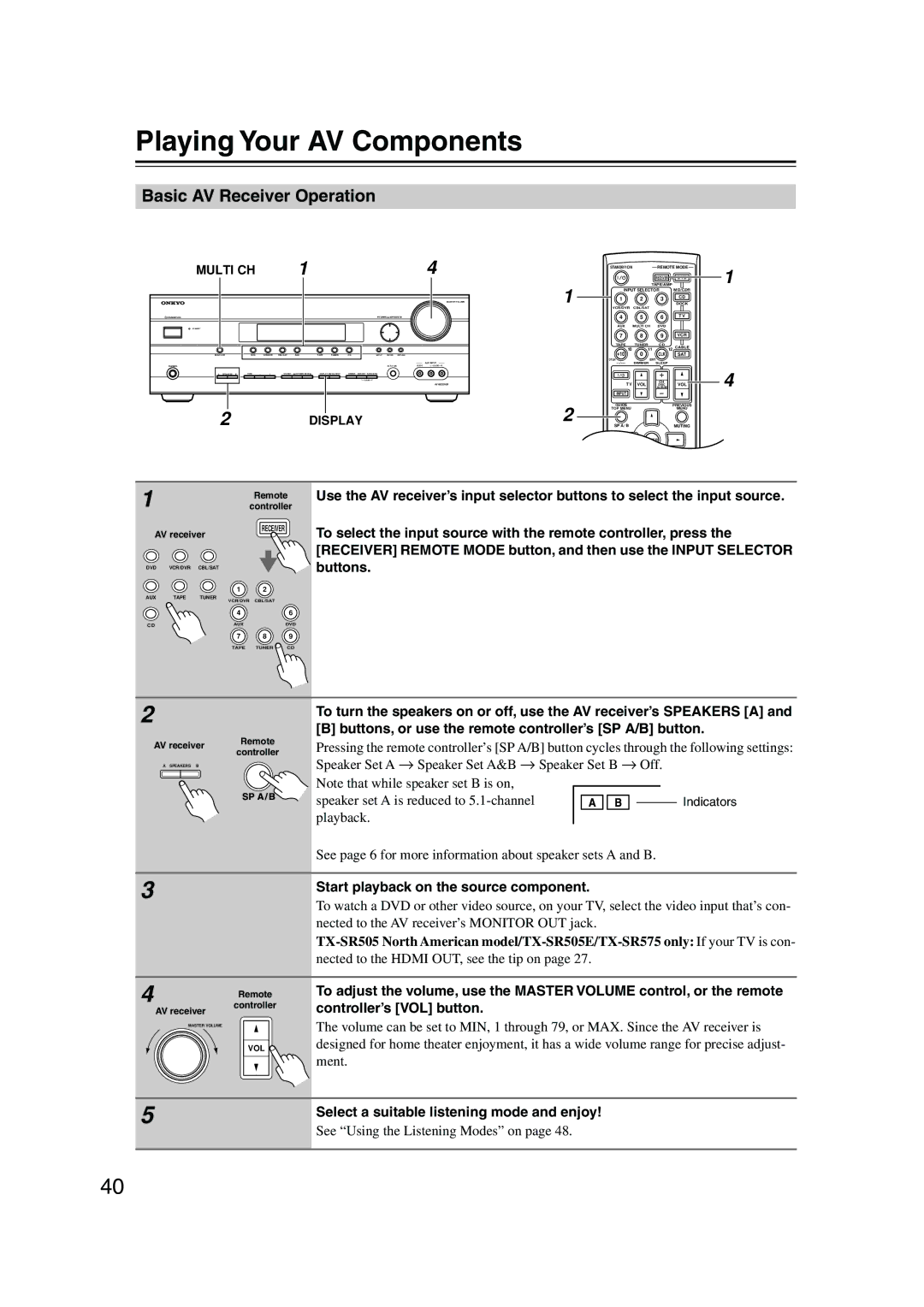 Onkyo TX-SR8550, SR575 Playing Your AV Components, Basic AV Receiver Operation, Start playback on the source component 