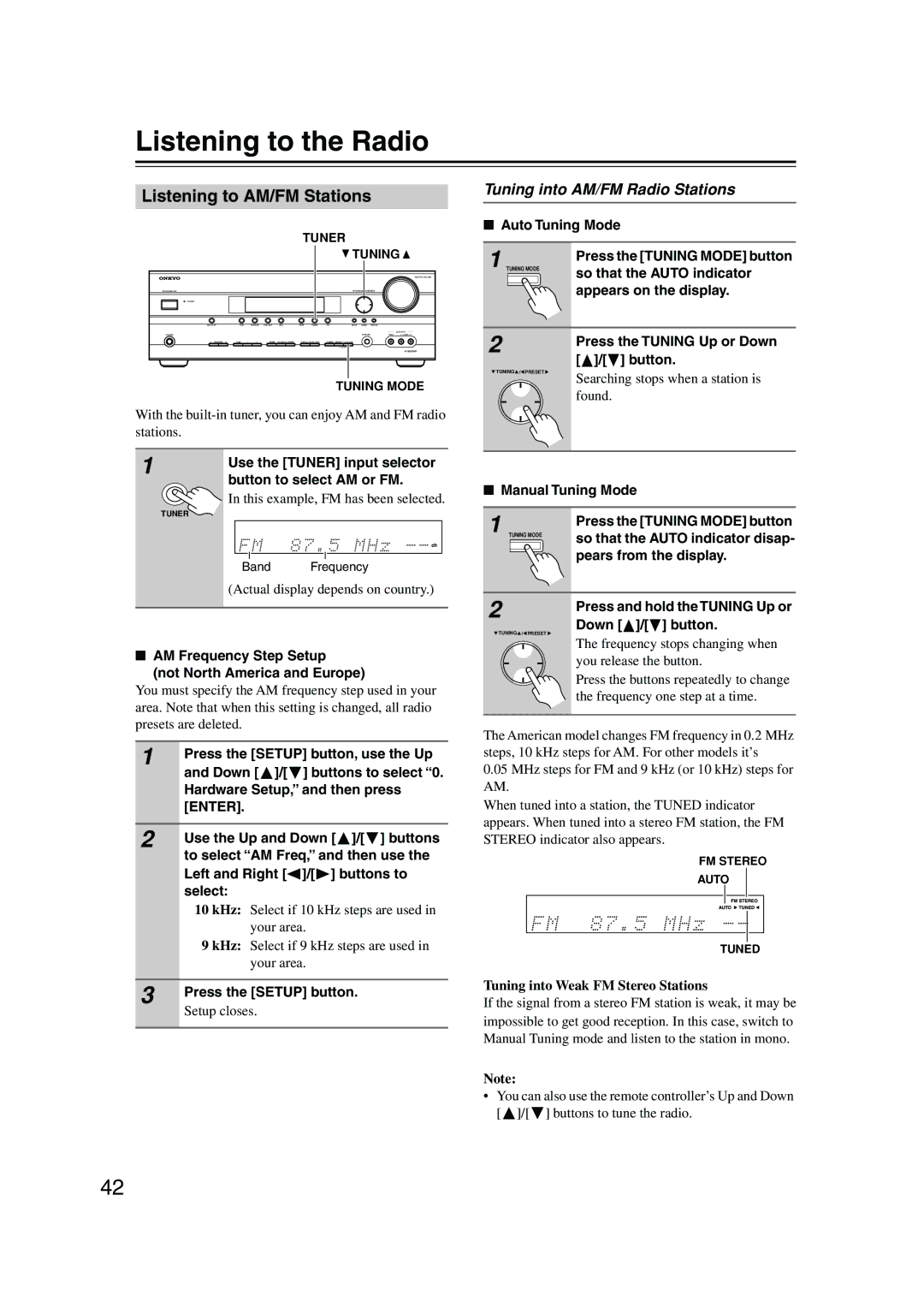 Onkyo TX-SR505, TX-SR8550, SR575 Listening to the Radio, Listening to AM/FM Stations, Tuning into AM/FM Radio Stations 