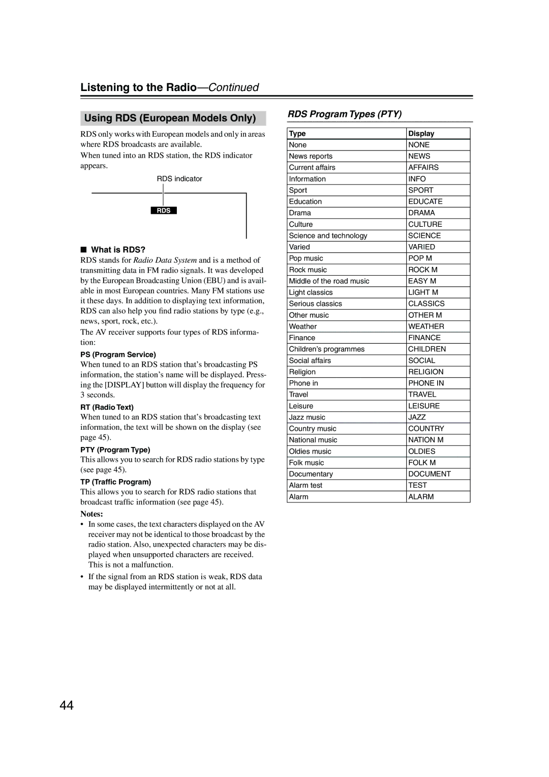 Onkyo TX-SR8550, SR575, TX-SR505E instruction manual Using RDS European Models Only, RDS Program Types PTY, What is RDS? 