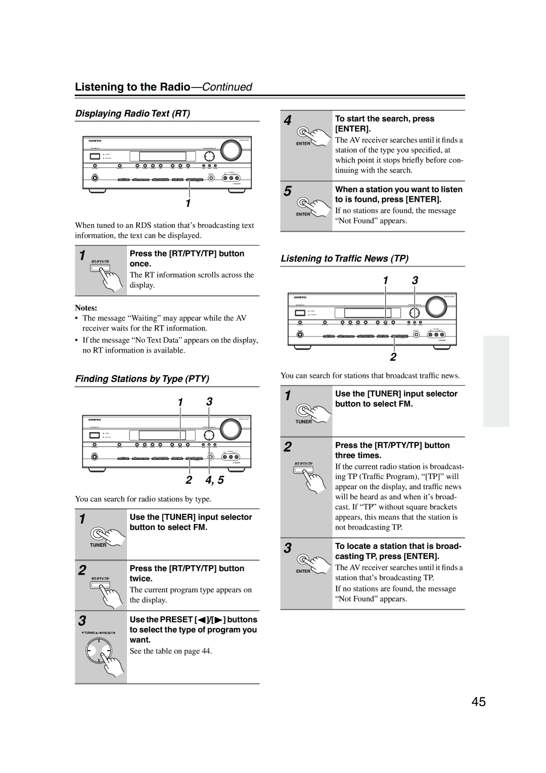 Onkyo SR575, TX-SR8550, TX-SR505 Displaying Radio Text RT, Finding Stations by Type PTY, Listening to Trafﬁc News TP 