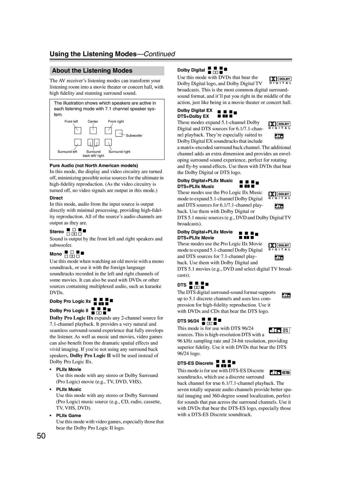 Onkyo TX-SR8550, SR575, TX-SR505E instruction manual About the Listening Modes, Dts 