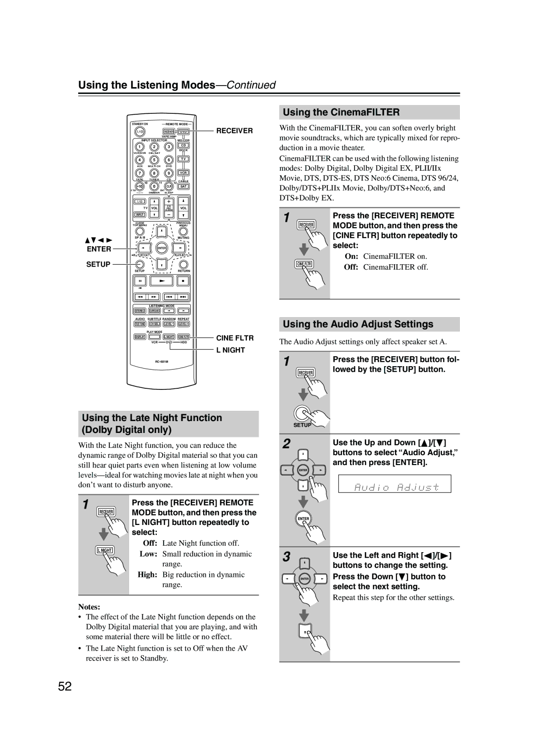 Onkyo TX-SR8550 Using the CinemaFILTER, Using the Audio Adjust Settings, Using the Late Night Function Dolby Digital only 
