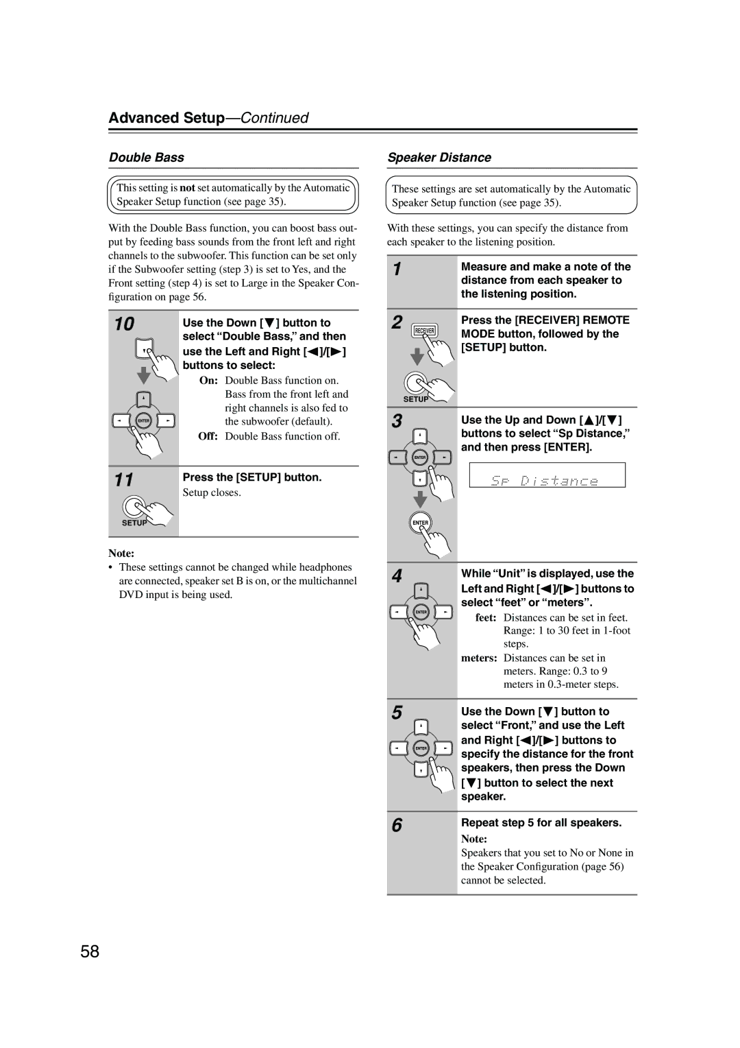 Onkyo TX-SR8550, SR575, TX-SR505E instruction manual Double Bass, Speaker Distance 