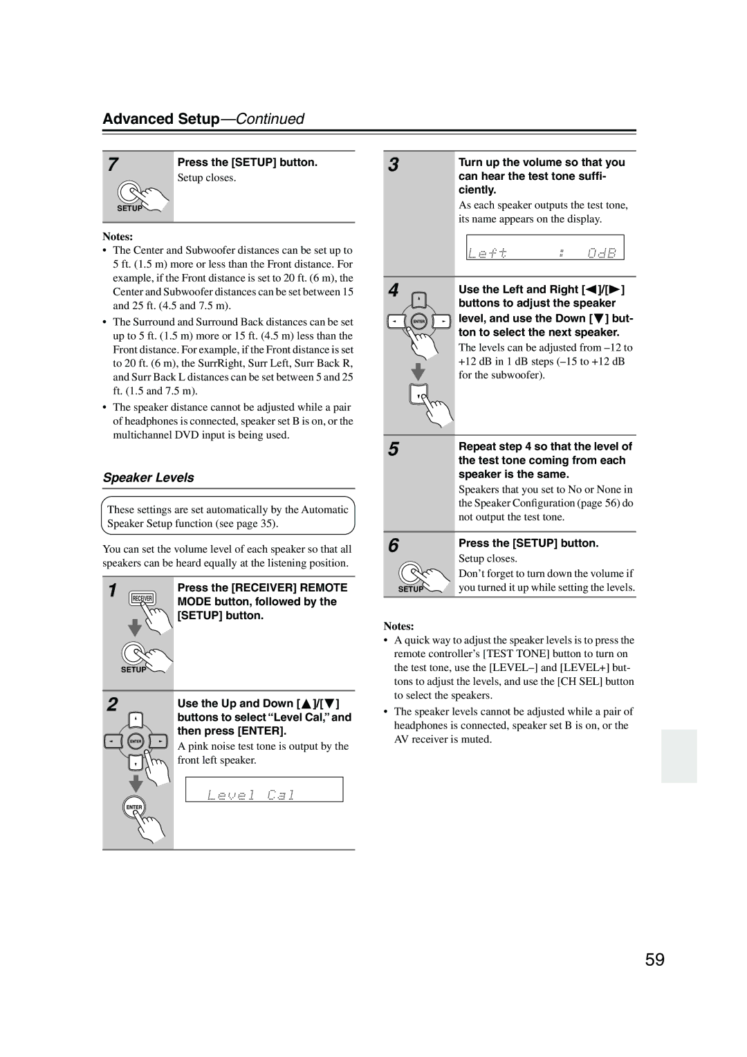 Onkyo TX-SR505E, TX-SR8550, SR575 instruction manual Speaker Levels 