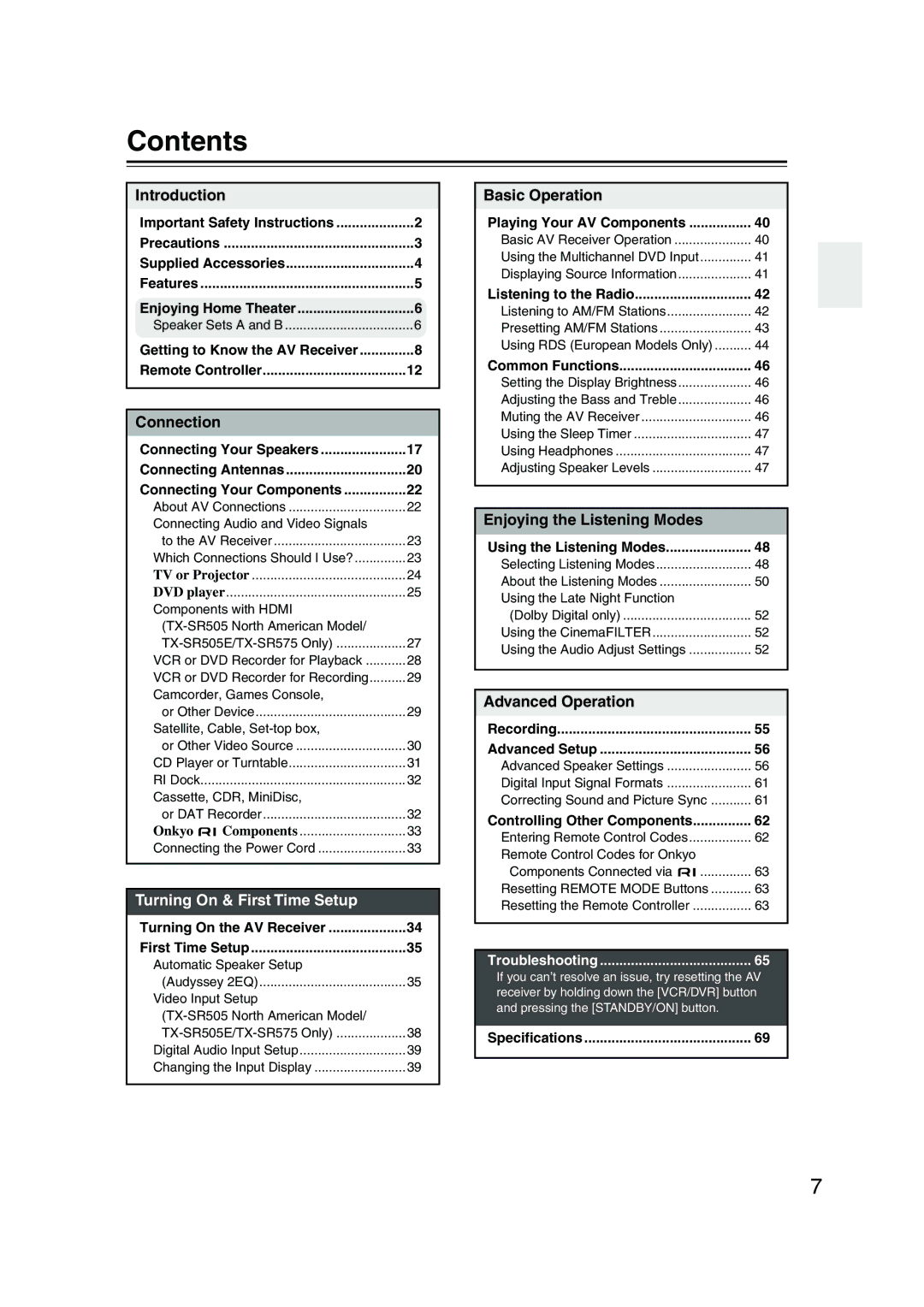 Onkyo TX-SR505E, TX-SR8550, SR575 instruction manual Contents 