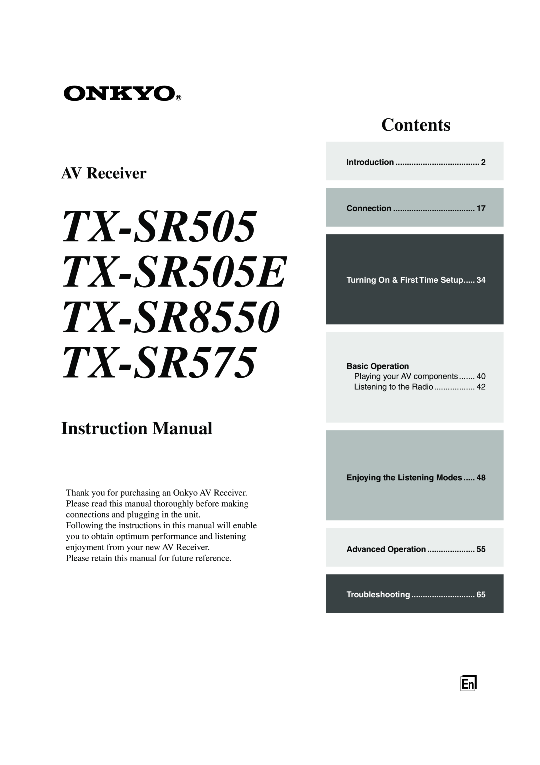Onkyo instruction manual TX-SR505 TX-SR505E TX-SR8550 TX-SR575, Instruction Manual, Contents, AV Receiver 