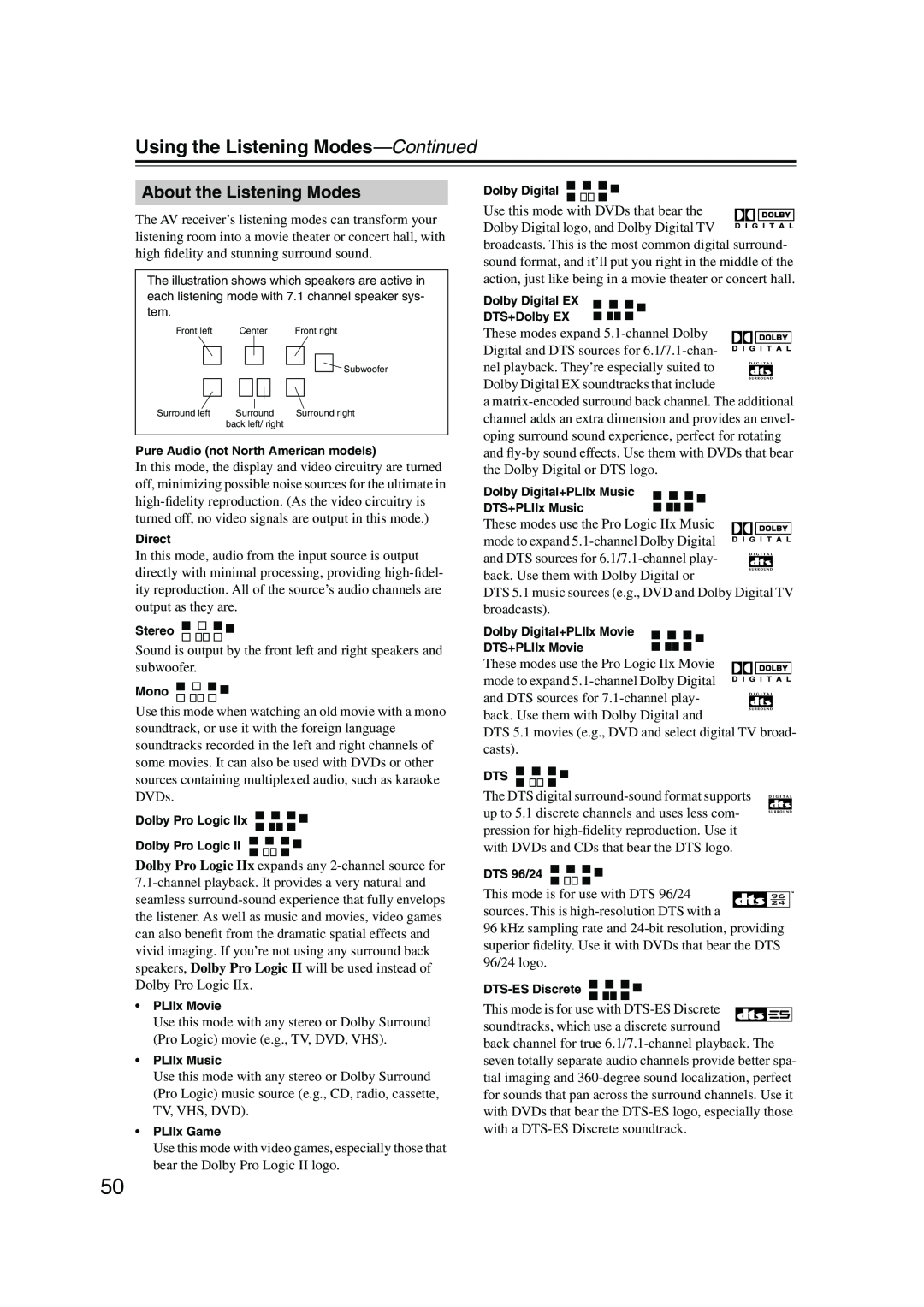 Onkyo TX-SR8550, SR575, TX-SR505E instruction manual About the Listening Modes, Using the Listening Modes-Continued 