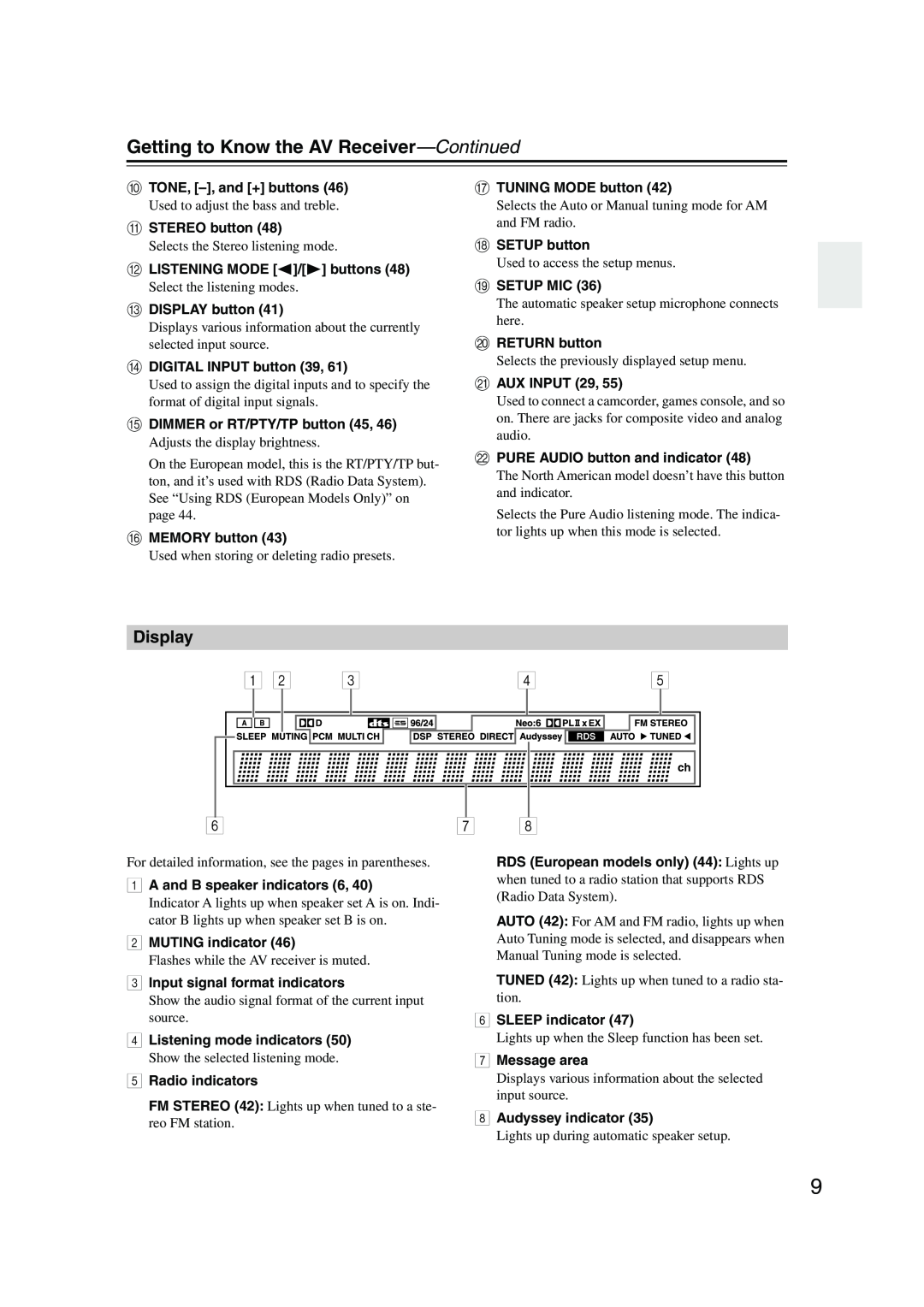 Onkyo SR575, TX-SR8550, TX-SR505E instruction manual Getting to Know the AV Receiver-Continued, Display 