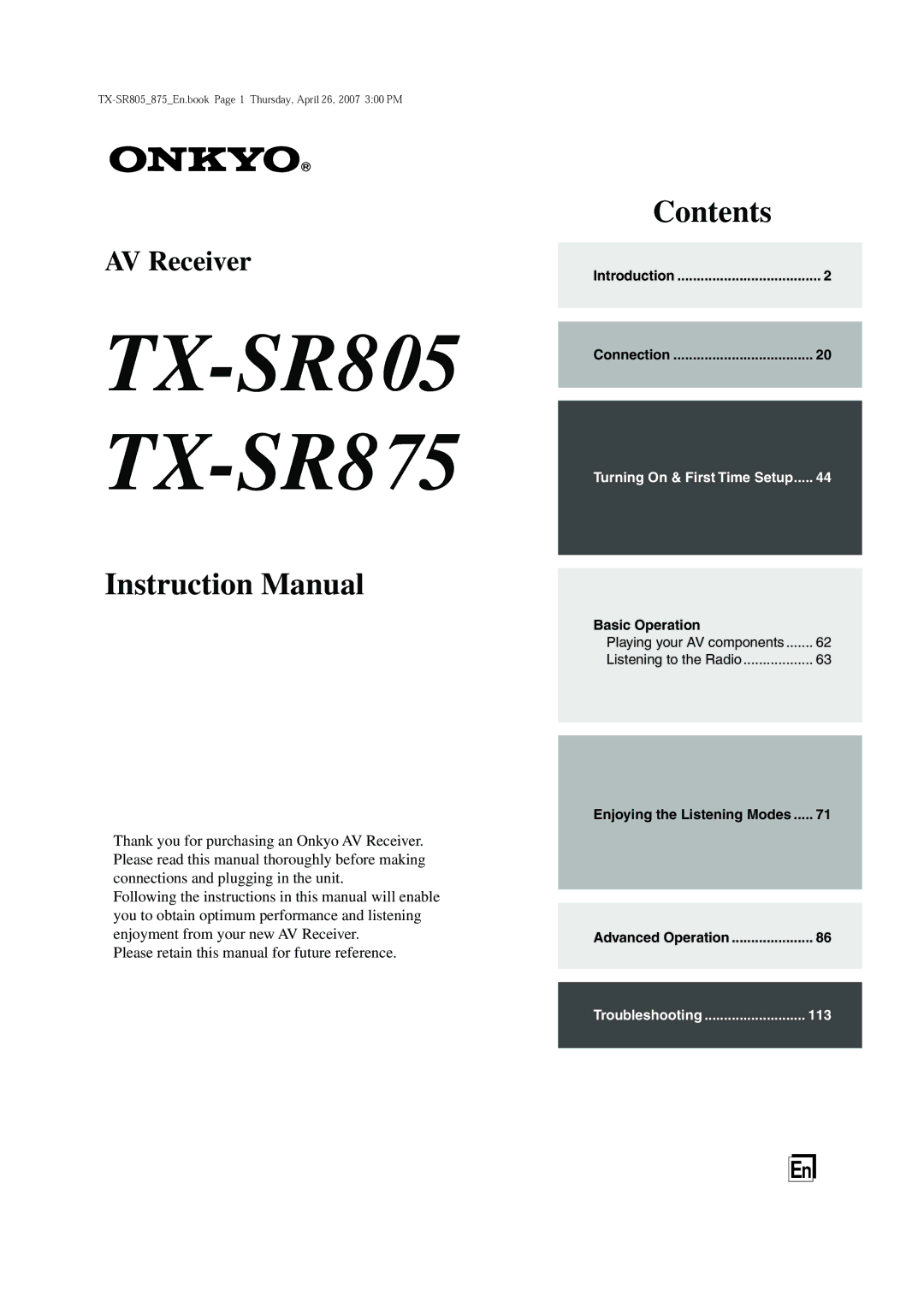 Onkyo instruction manual TX-SR805 TX-SR875 