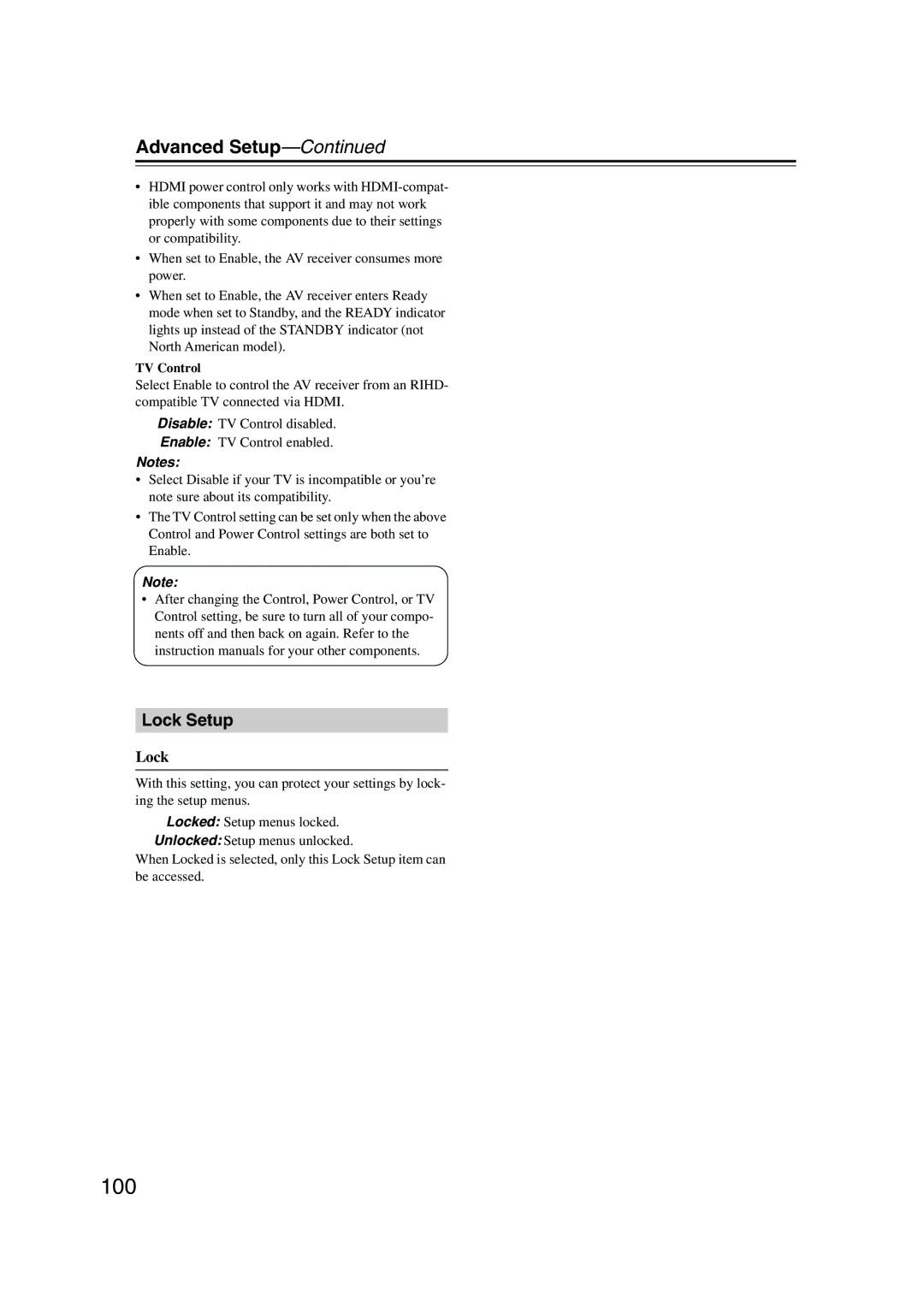 Onkyo TX-SR875, TX-SR805 instruction manual 100, Lock Setup 