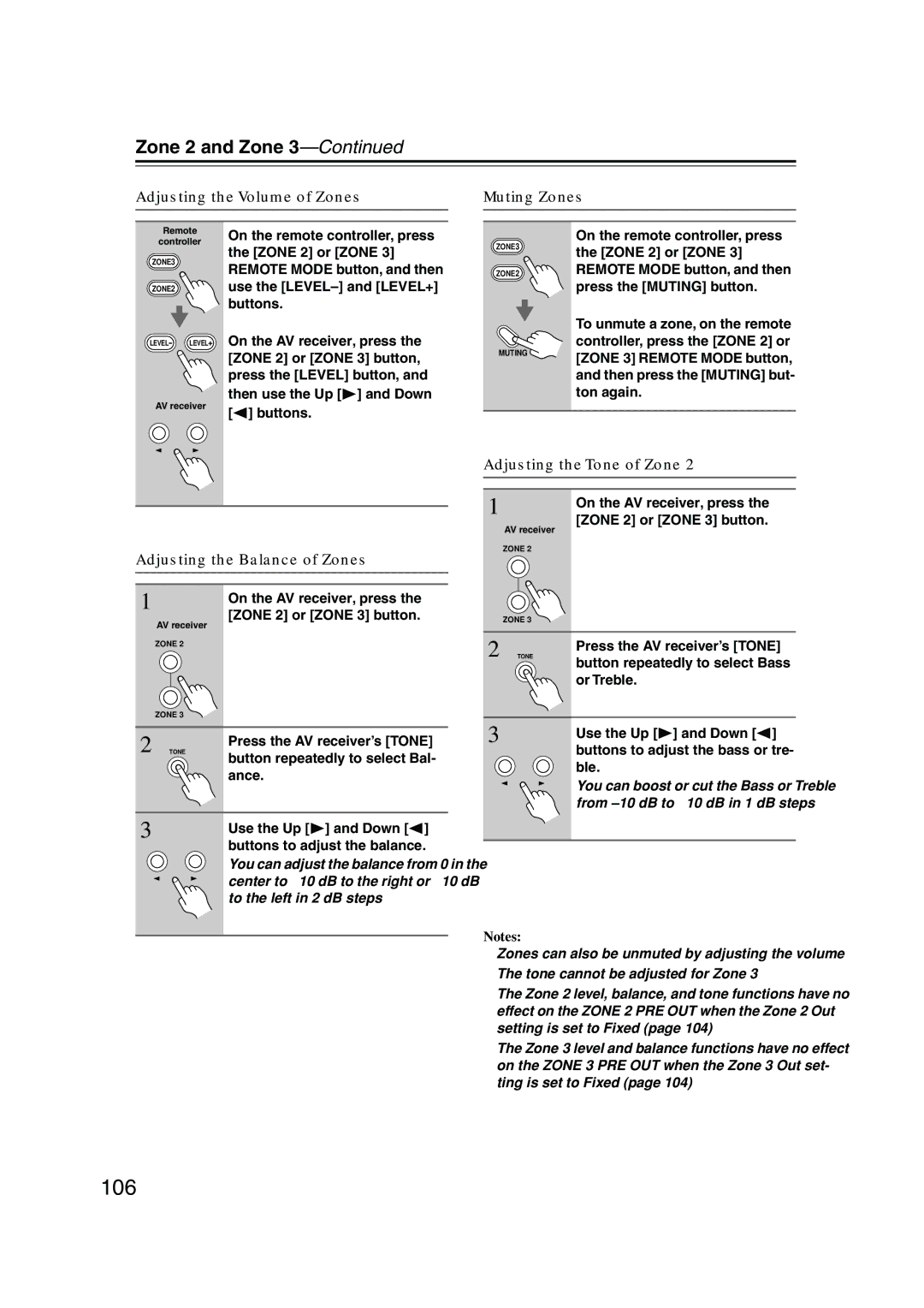 Onkyo TX-SR875 106, Adjusting the Volume of Zones Muting Zones, Adjusting the Tone of Zone, Adjusting the Balance of Zones 