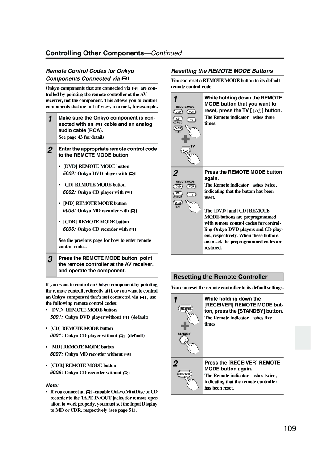 Onkyo TX-SR805 109, Controlling Other Components, Resetting the Remote Controller, Resetting the Remote Mode Buttons 