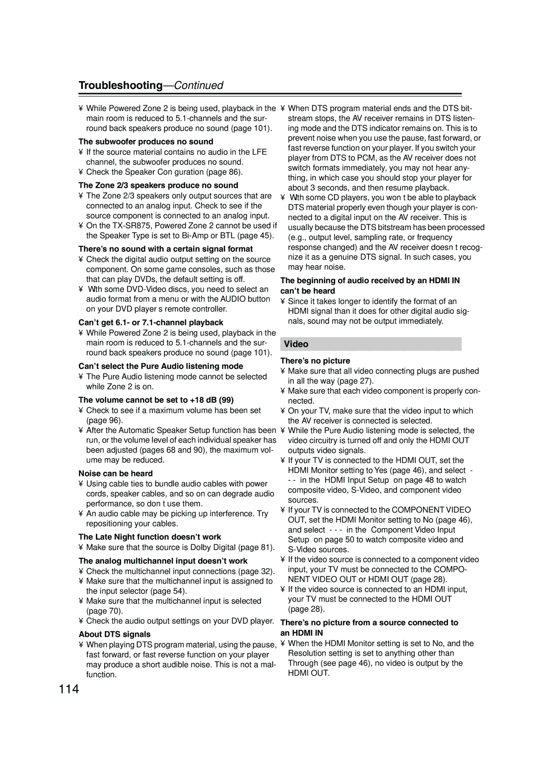 Onkyo TX-SR875, TX-SR805 instruction manual 114, Troubleshooting 