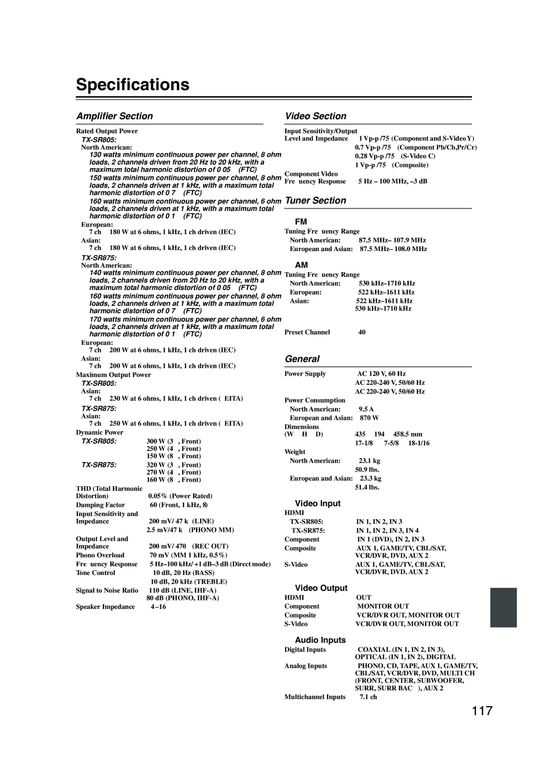 Onkyo TX-SR805, TX-SR875 instruction manual Speciﬁcations, 117 