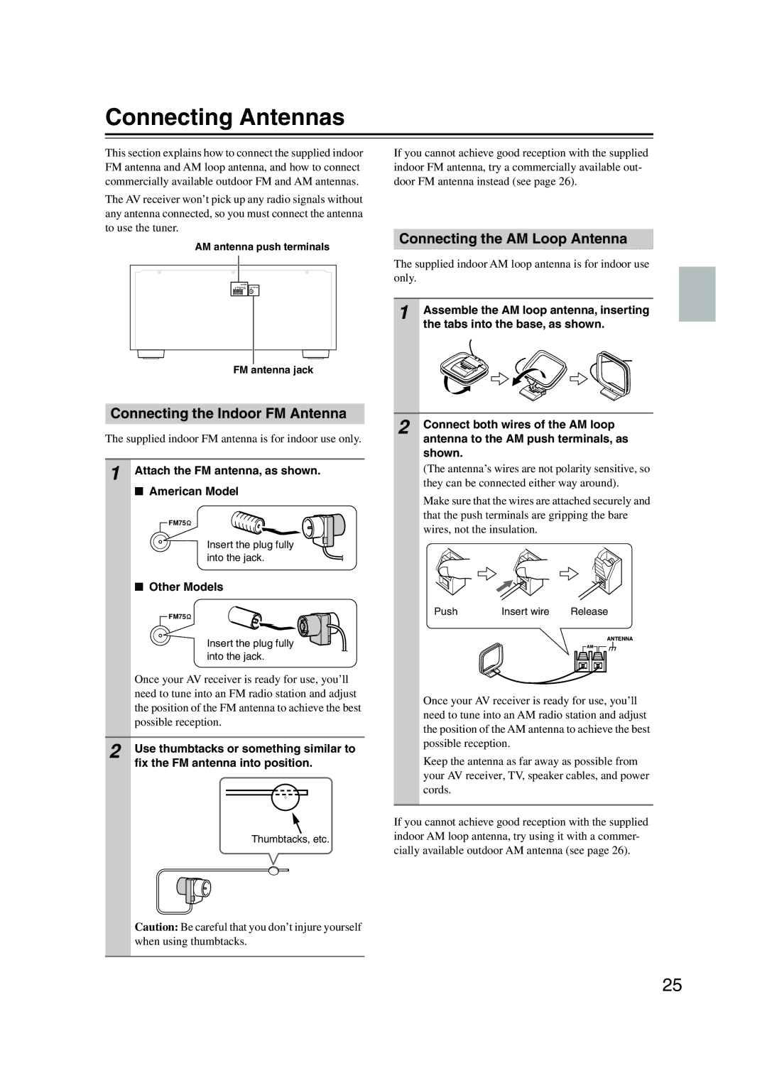 Onkyo TX-SR805 Connecting Antennas, Connecting the Indoor FM Antenna, Connecting the AM Loop Antenna, Other Models 