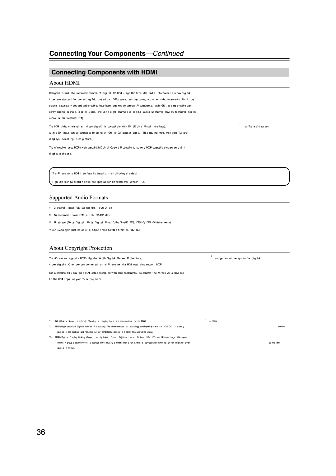 Onkyo TX-SR875, TX-SR805 Connecting Components with Hdmi, About Hdmi, Supported Audio Formats, About Copyright Protection 