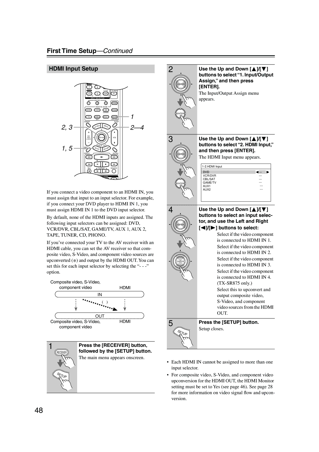 Onkyo TX-SR875, TX-SR805 instruction manual Hdmi Input Setup, Hdmi Input menu appears, Version, Out 