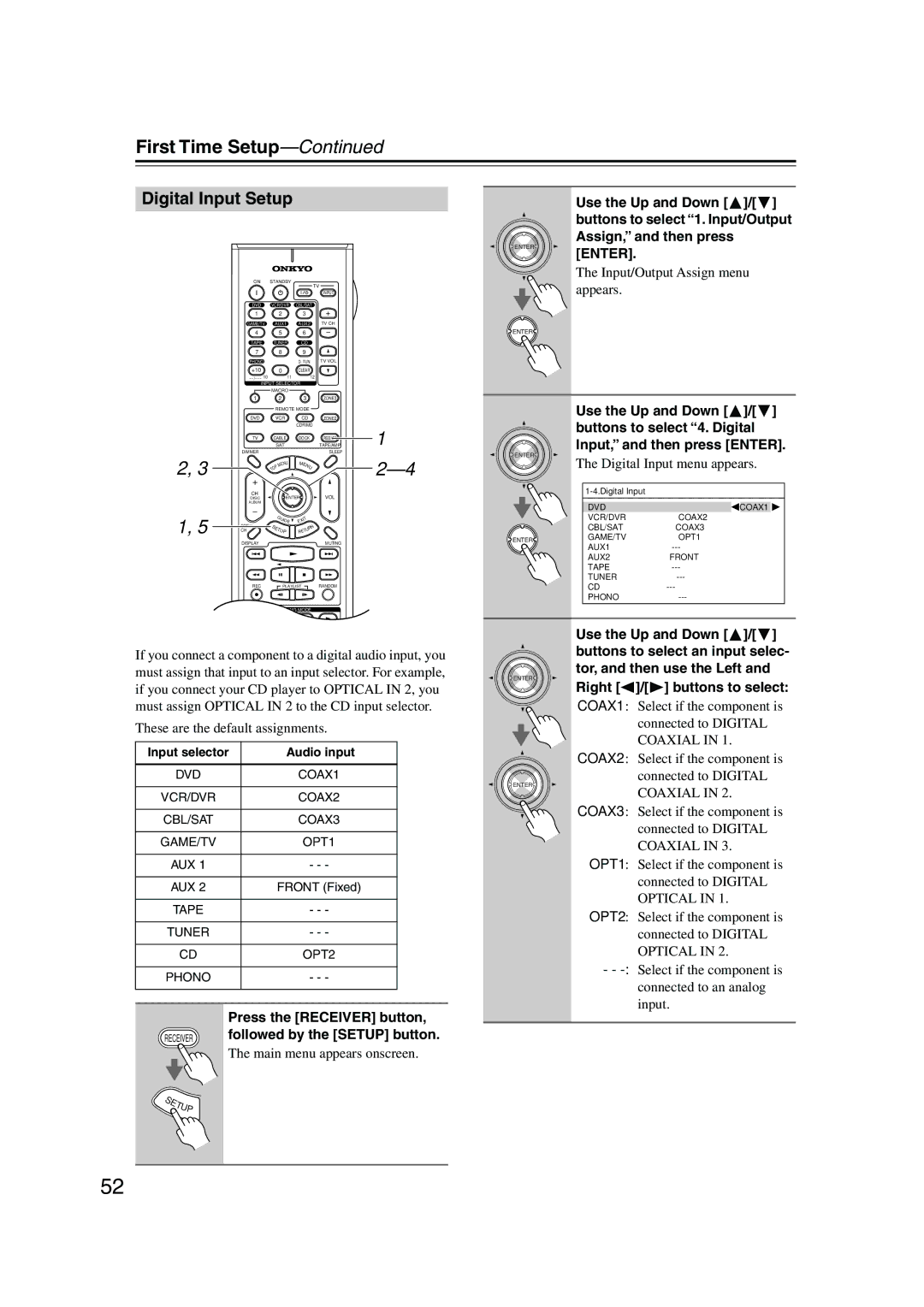 Onkyo TX-SR875, TX-SR805 Digital Input Setup, Digital Input menu appears, These are the default assignments 