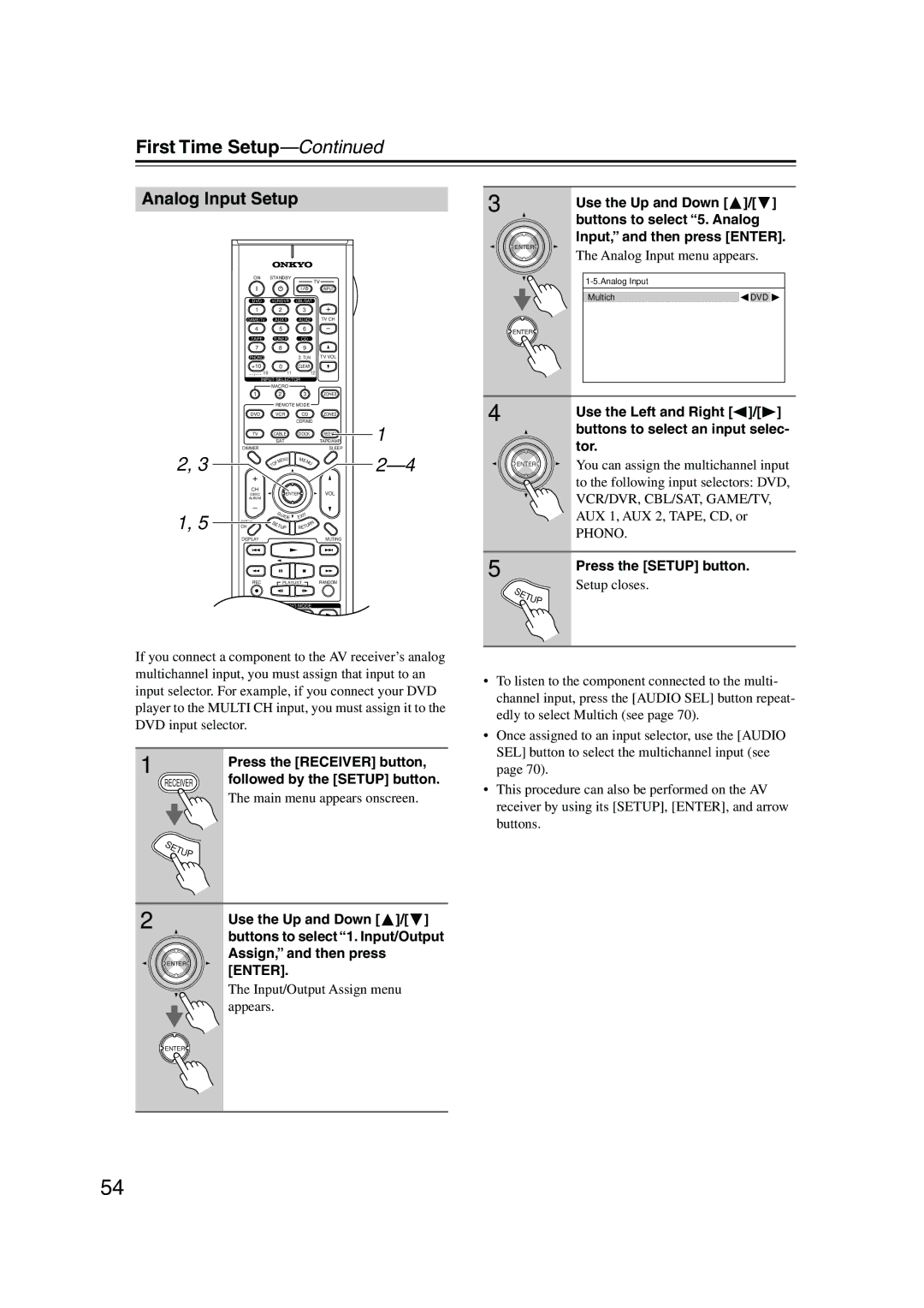 Onkyo TX-SR875, TX-SR805 instruction manual Analog Input Setup, Buttons to select an input selec, Tor 