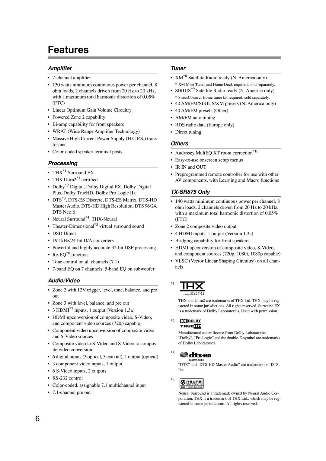 Onkyo TX-SR875, TX-SR805 instruction manual Features 