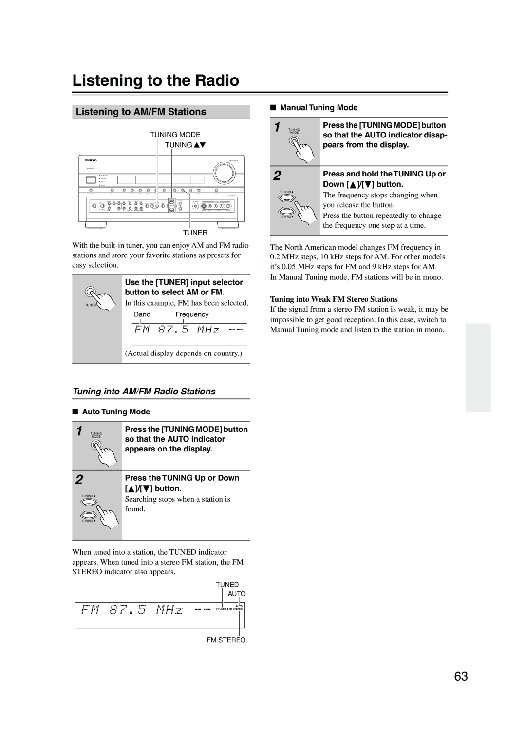 Onkyo TX-SR805, TX-SR875 Listening to the Radio, Listening to AM/FM Stations, Tuning into AM/FM Radio Stations 