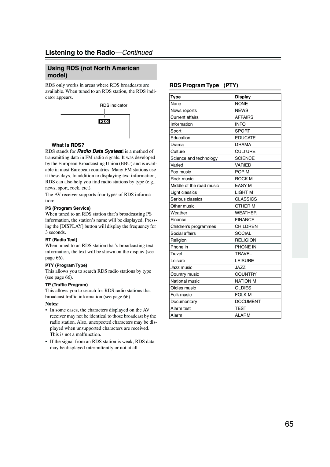 Onkyo TX-SR805, TX-SR875 instruction manual Using RDS not North American model, RDS Program Types PTY, What is RDS? 