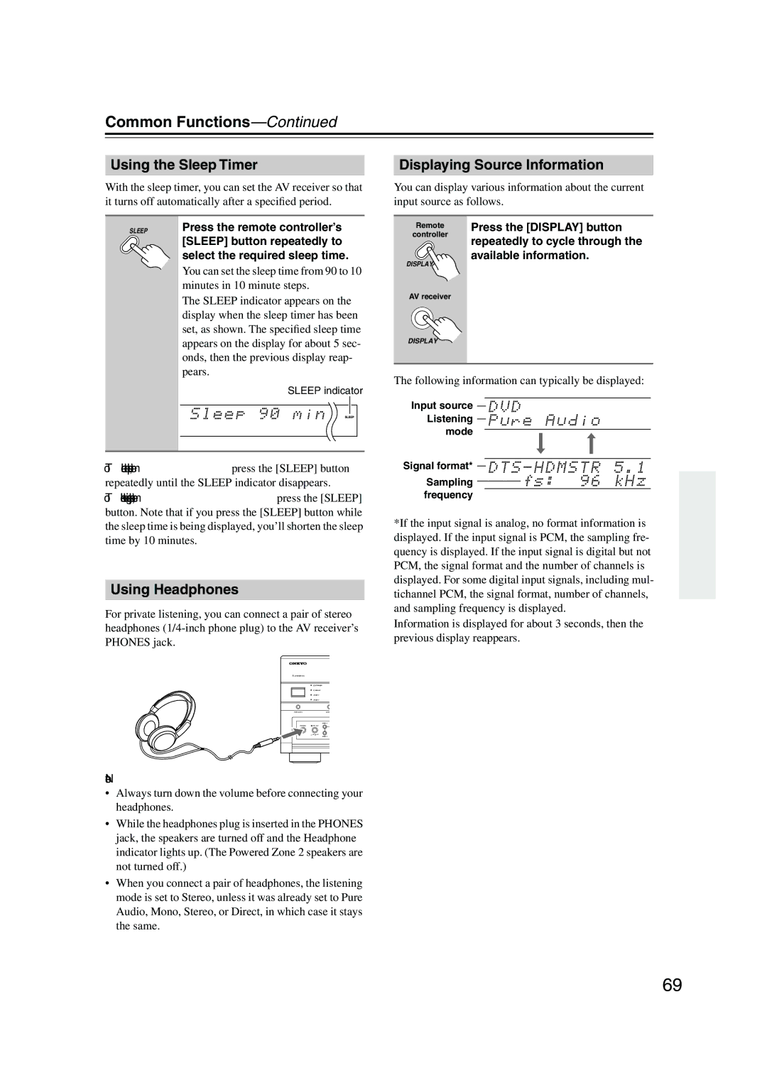 Onkyo TX-SR805, TX-SR875 Common Functions, Using the Sleep Timer, Using Headphones, Displaying Source Information 