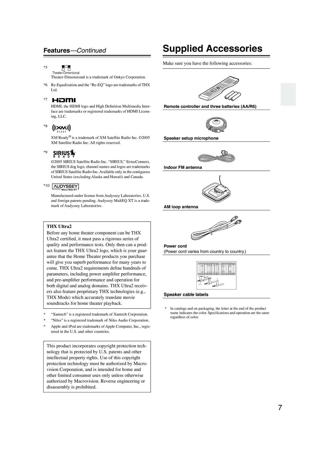 Onkyo TX-SR805, TX-SR875 Supplied Accessories, Make sure you have the following accessories, THX Ultra2, Power cord 