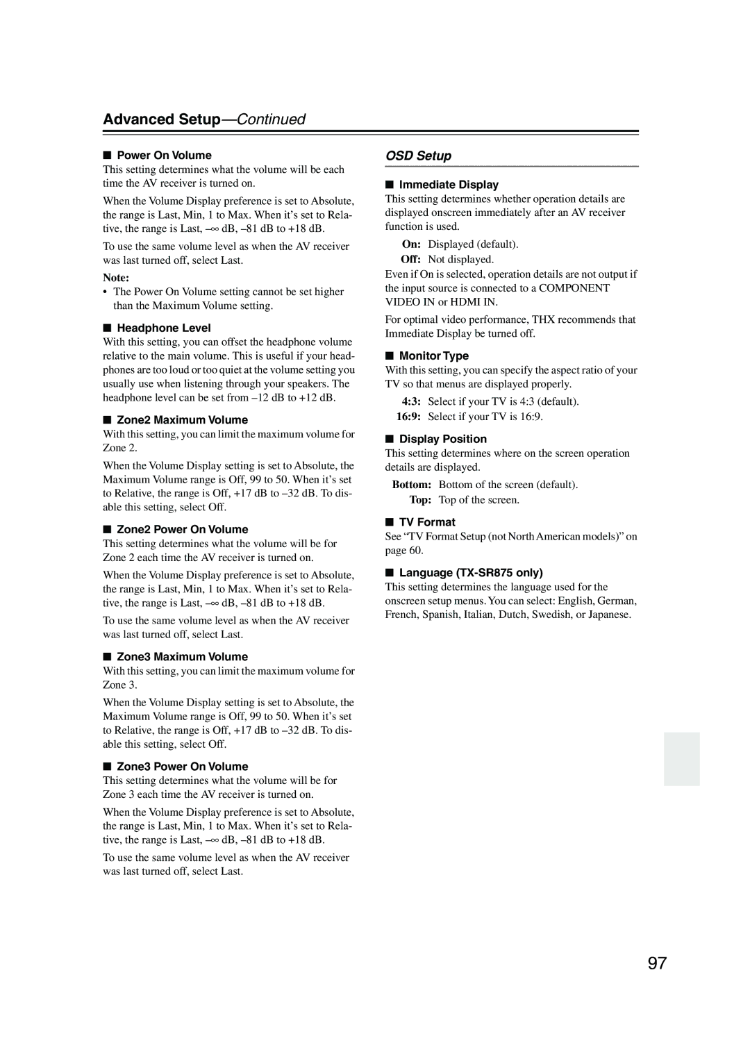 Onkyo TX-SR805, TX-SR875 instruction manual OSD Setup 