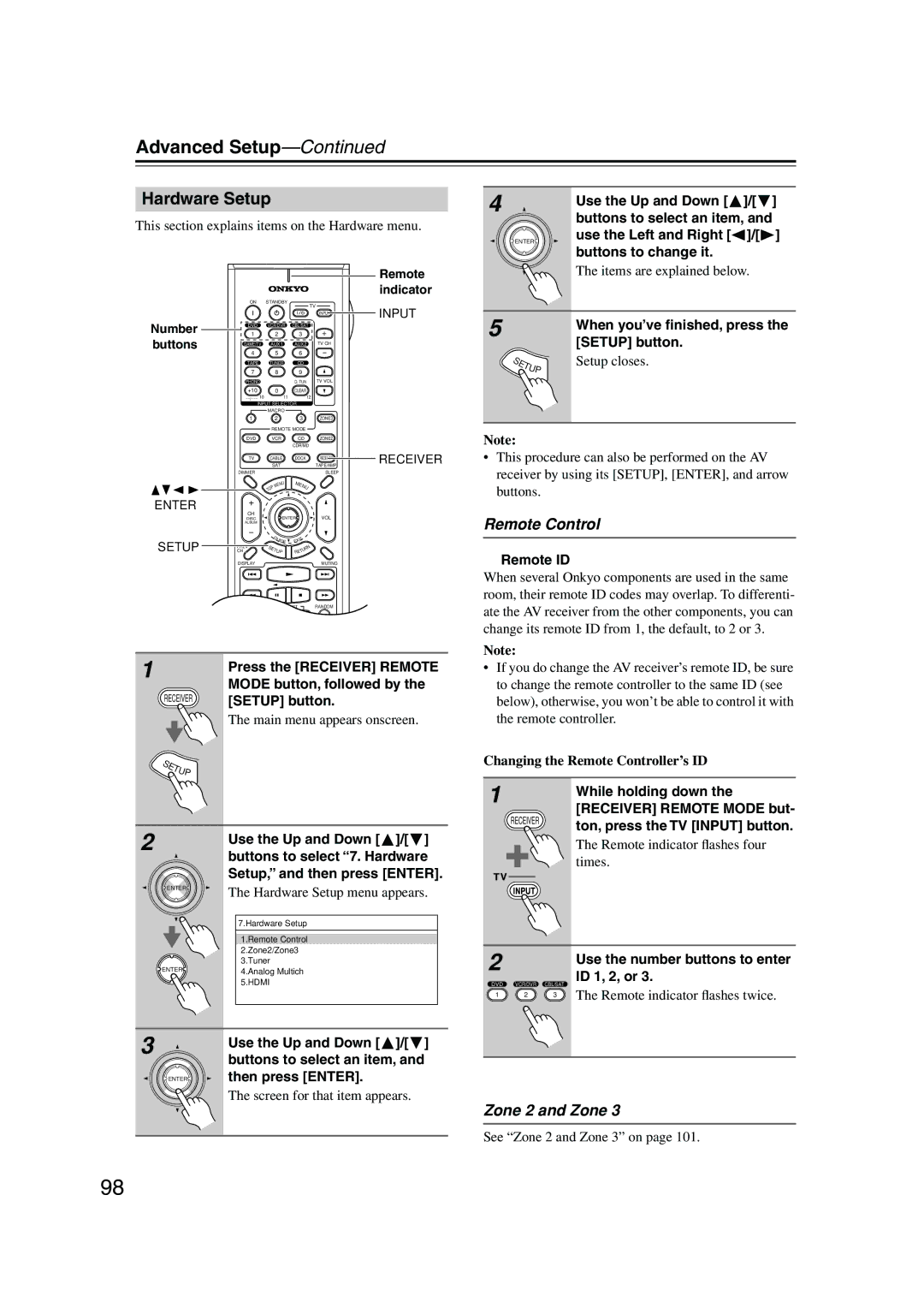 Onkyo TX-SR875, TX-SR805 instruction manual Hardware Setup, Remote Control, Zone 2 and Zone 