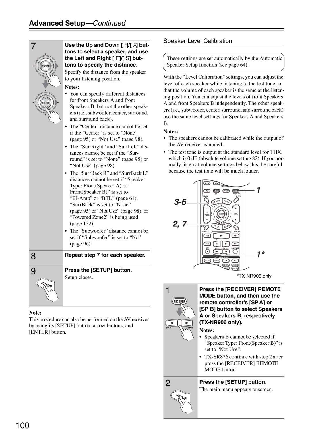 Onkyo TX-SR876 instruction manual 100, Speaker Level Calibration 