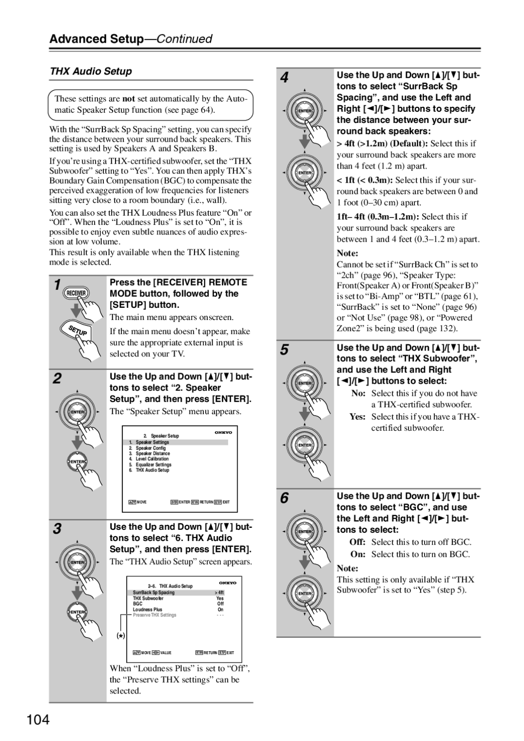 Onkyo TX-SR876 instruction manual 104, THX Audio Setup, Tons to select 6. THX Audio, Setup, and then press Enter 