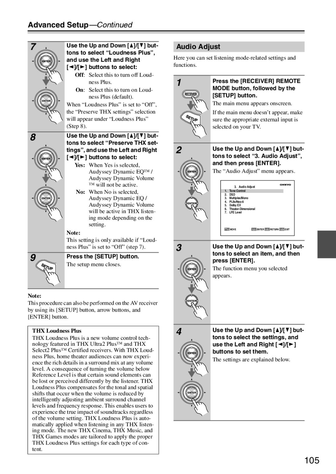 Onkyo TX-SR876 instruction manual 105, Audio Adjust 