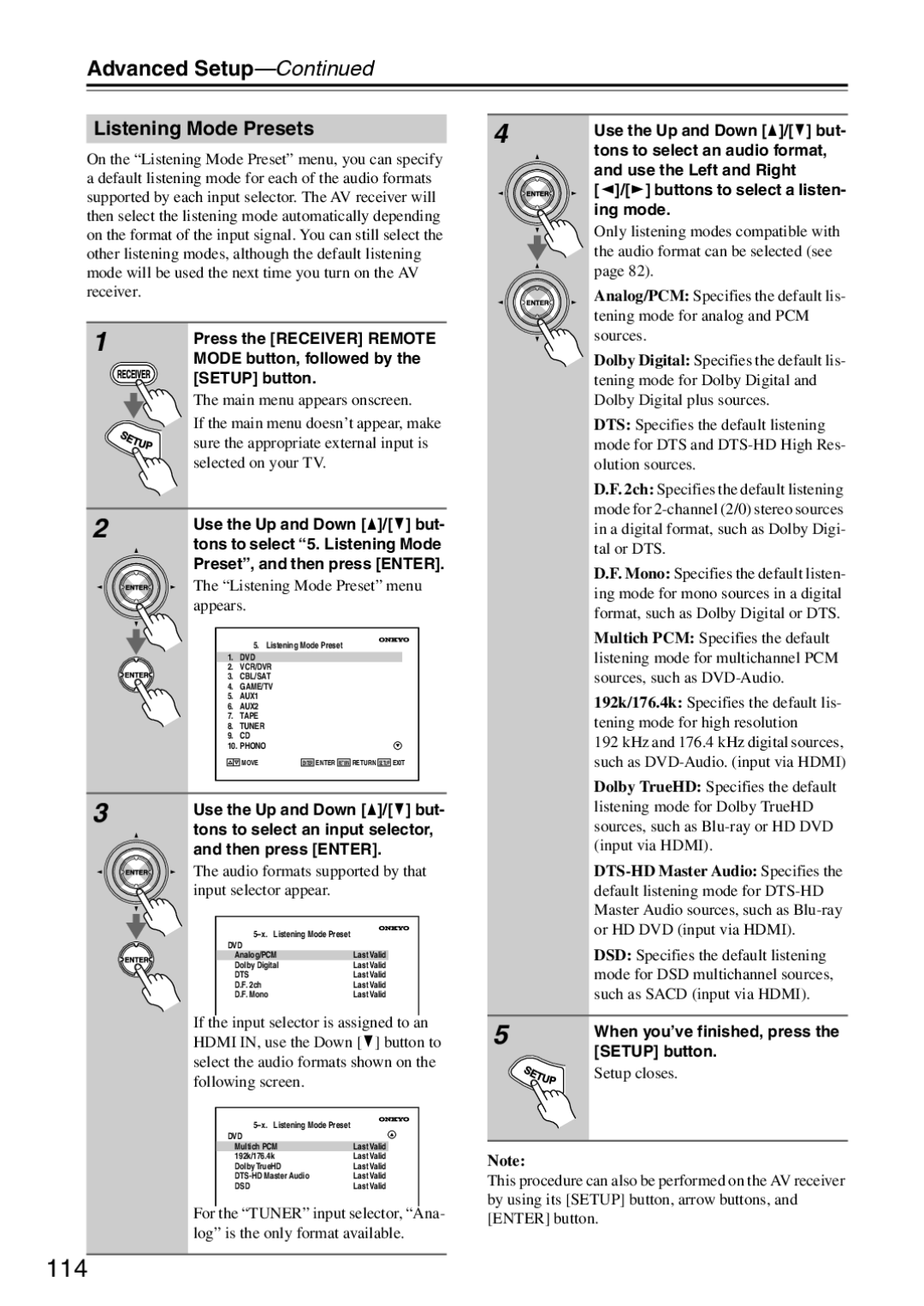 Onkyo TX-SR876 instruction manual 114, Listening Mode Presets 