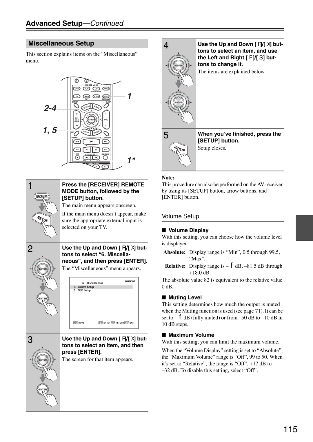 Onkyo TX-SR876 instruction manual 115, Miscellaneous Setup, Volume Setup 