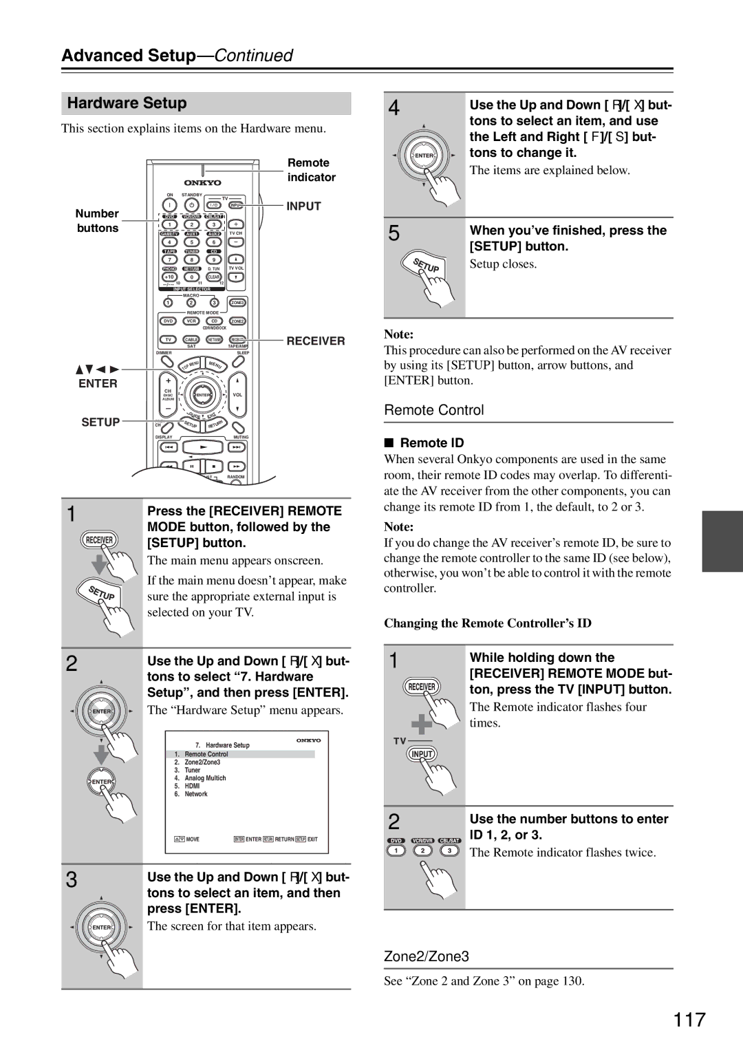 Onkyo TX-SR876 instruction manual 117, Hardware Setup, Remote Control, Zone2/Zone3 