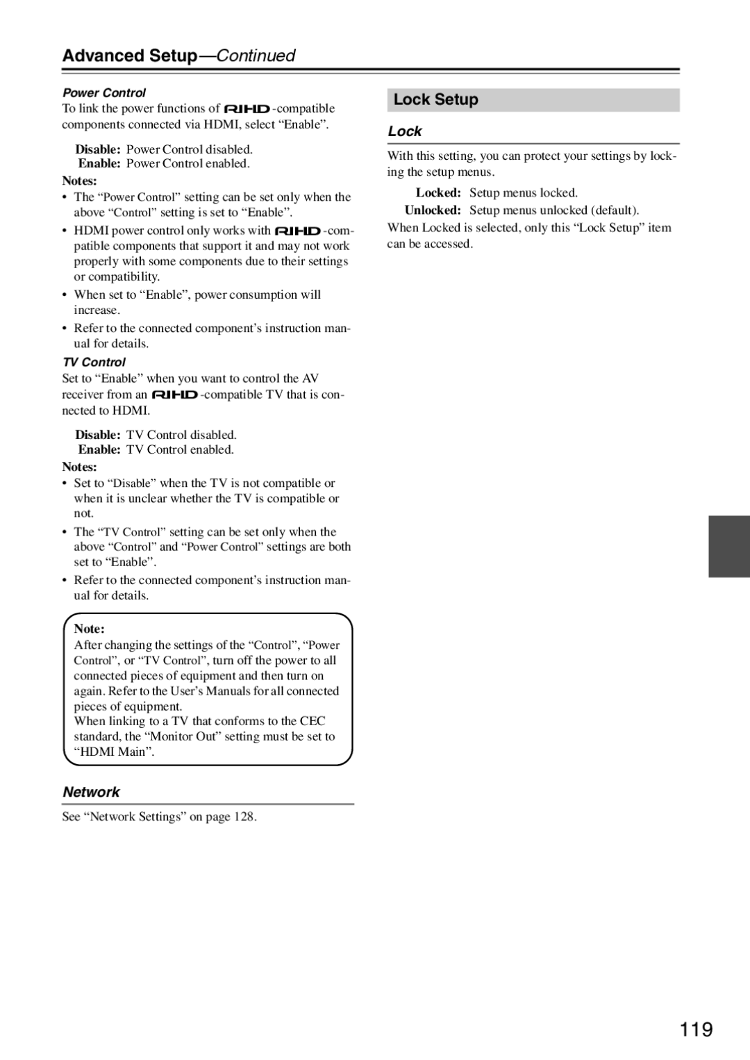 Onkyo TX-SR876 instruction manual 119, Lock Setup, See Network Settings on 