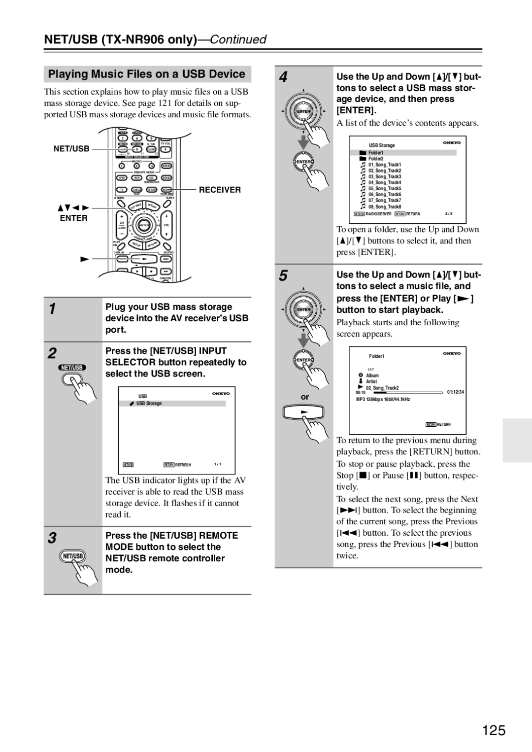 Onkyo TX-SR876 instruction manual 125, Playing Music Files on a USB Device 