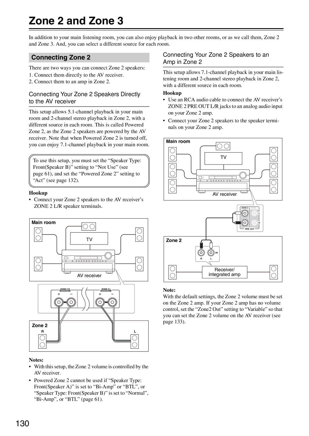 Onkyo TX-SR876 Zone 2 and Zone, 130, Connecting Zone, Connecting Your Zone 2 Speakers Directly to the AV receiver 